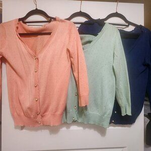 modcloth mac size small cardigans set of 3 navy blue, light blue / aqua, coral